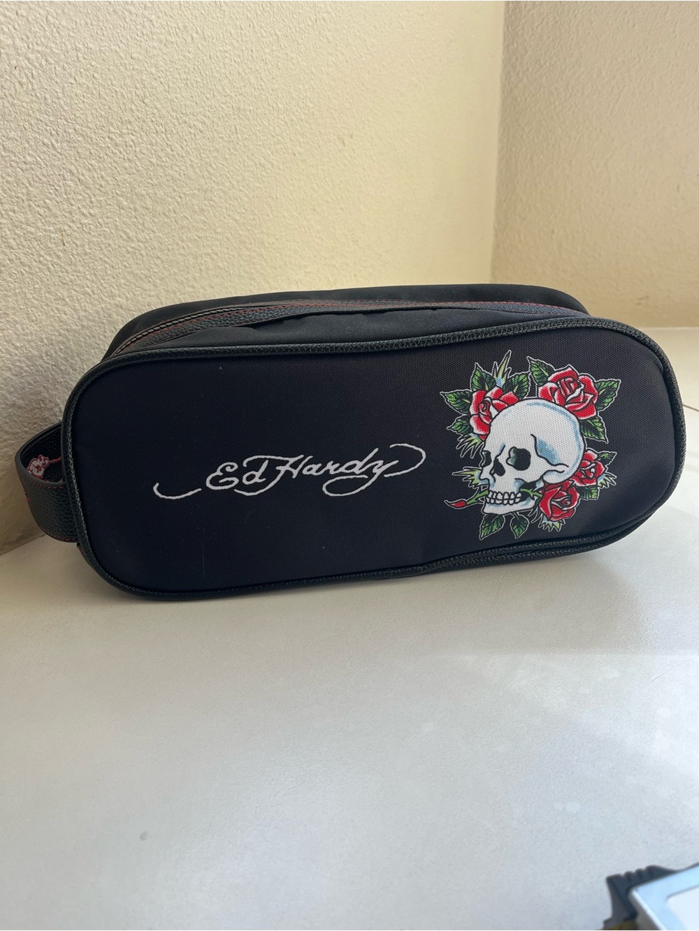 Ed Hardy Black Travel Bathroom Case with Red Rose & White Skull Graphic